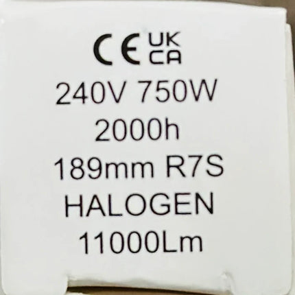 R7S 240v 750W HALOGEN 10mm X 189mm Linear Halogen